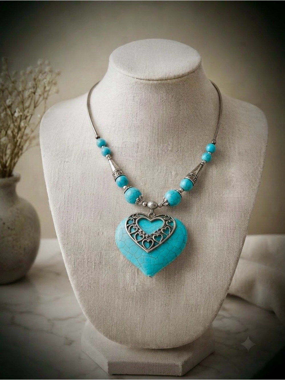 Boho Southwestern Faux Turquoise Heart Statement Necklace